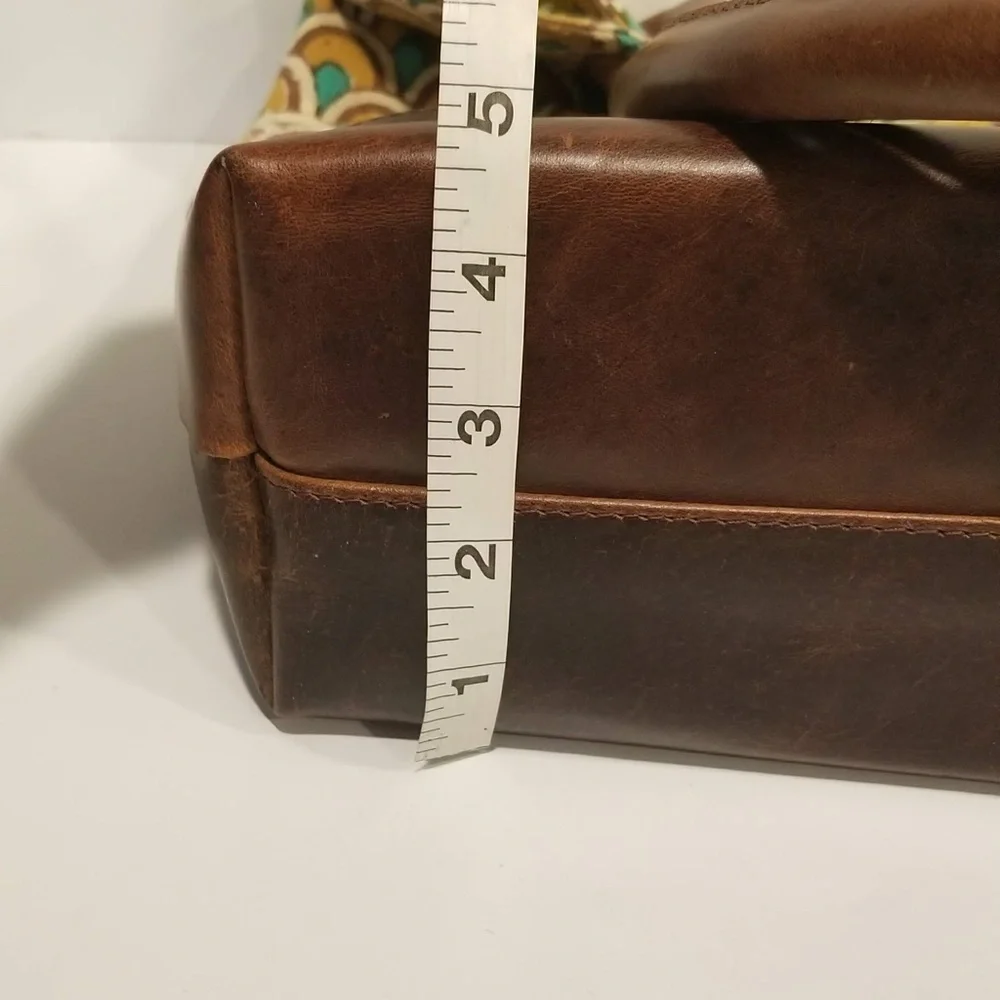 JOYN Cotton Tote Arch Print Brown Leather Yellow Green Shoulder Bag Lined Pocket - Picture 14 of 14